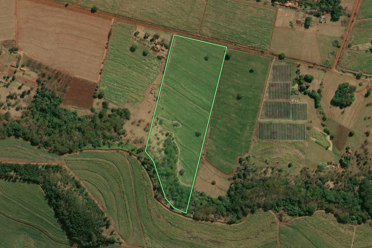 Imagem de satélite do imóvel rural em São Simão (SP), com o contorno declarado no CAR desenhado por cima.