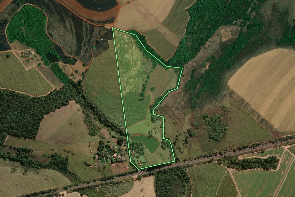 Imagem de satélite do imóvel rural em São Simão (SP), com o contorno declarado no CAR desenhado por cima.