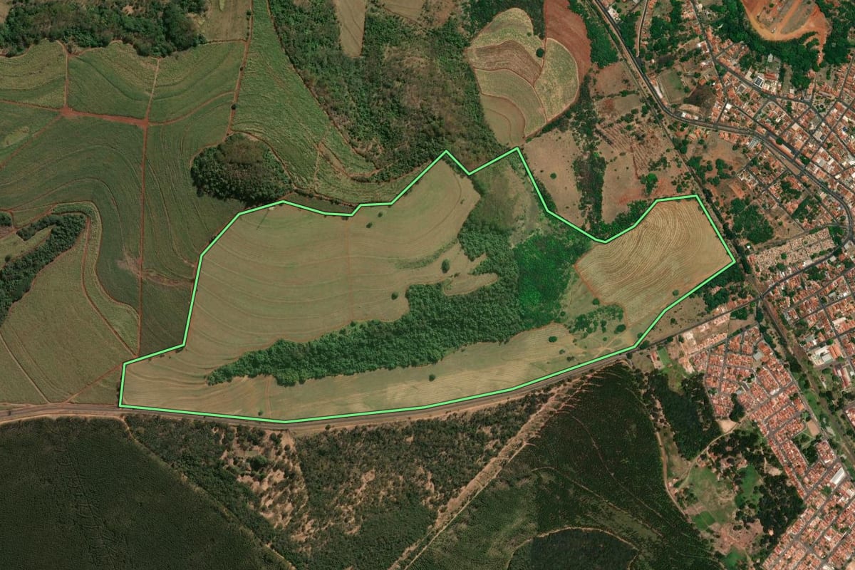 Imagem de satélite do imóvel rural em São Simão (SP), com o contorno declarado no CAR desenhado por cima.