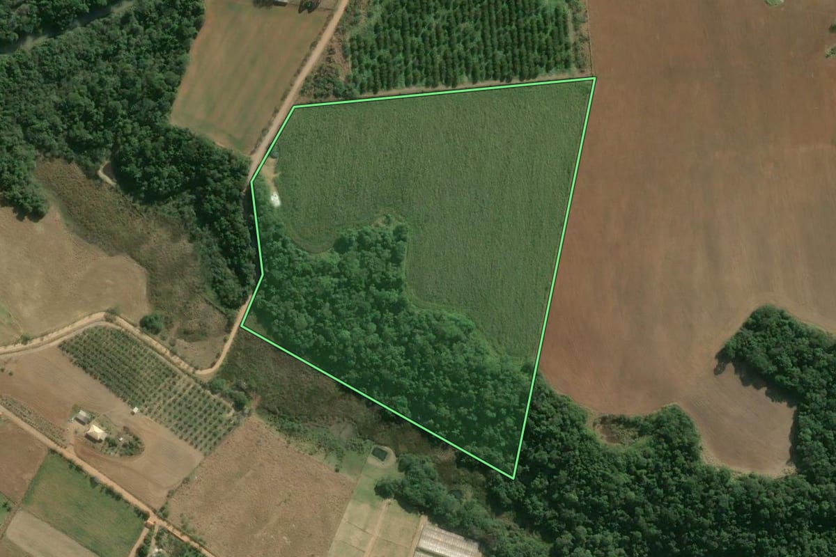 Imagem de satélite do imóvel rural em Sarapuí (SP), com o contorno declarado no CAR desenhado por cima.