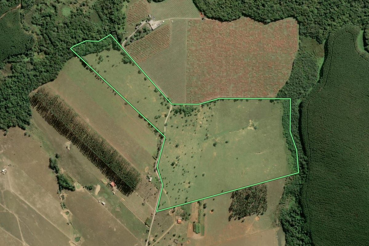 Imagem de satélite do imóvel rural em Sarapuí (SP), com o contorno declarado no CAR desenhado por cima.