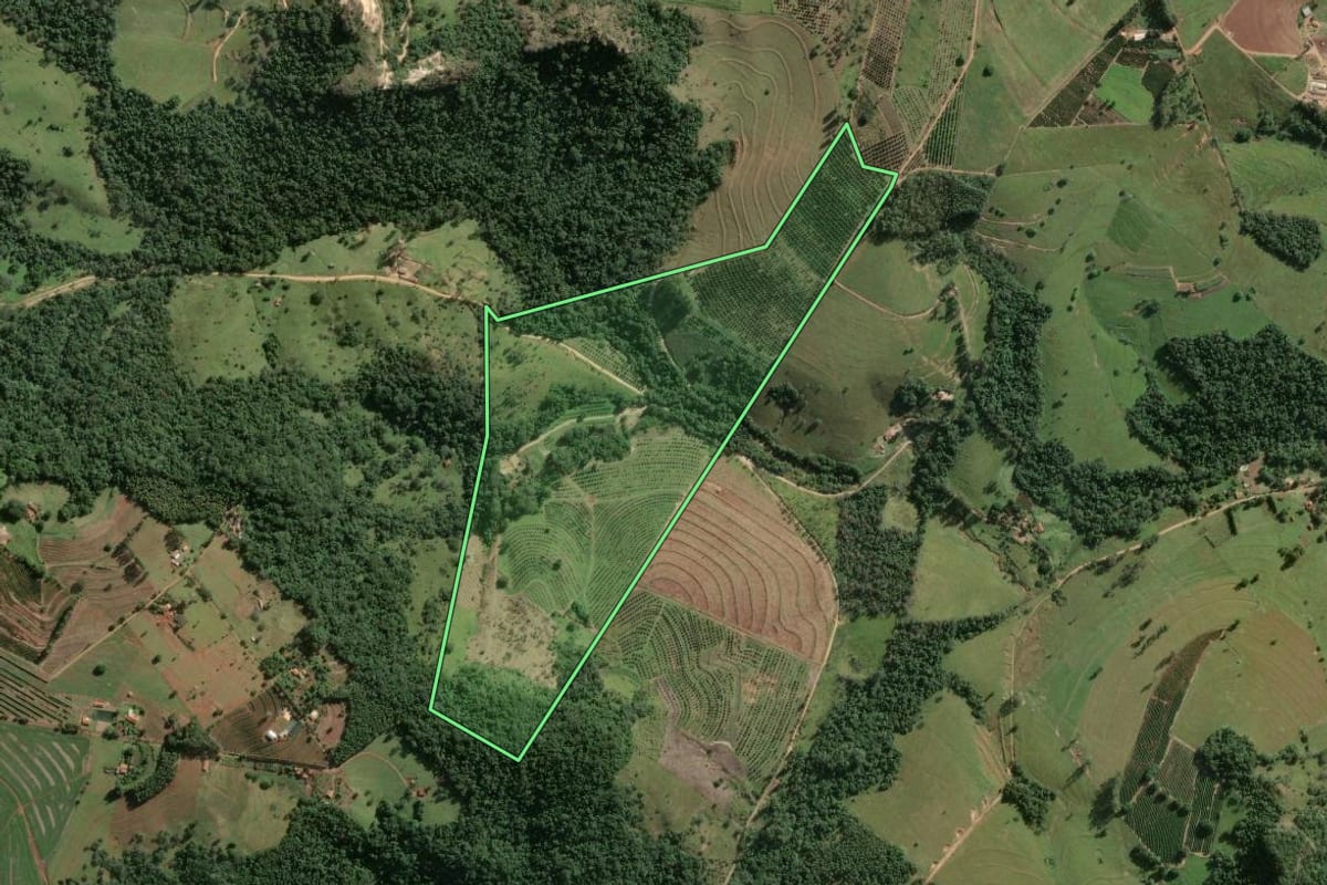 Imagem de satélite do imóvel rural em Sarutaiá (SP), com o contorno declarado no CAR desenhado por cima.