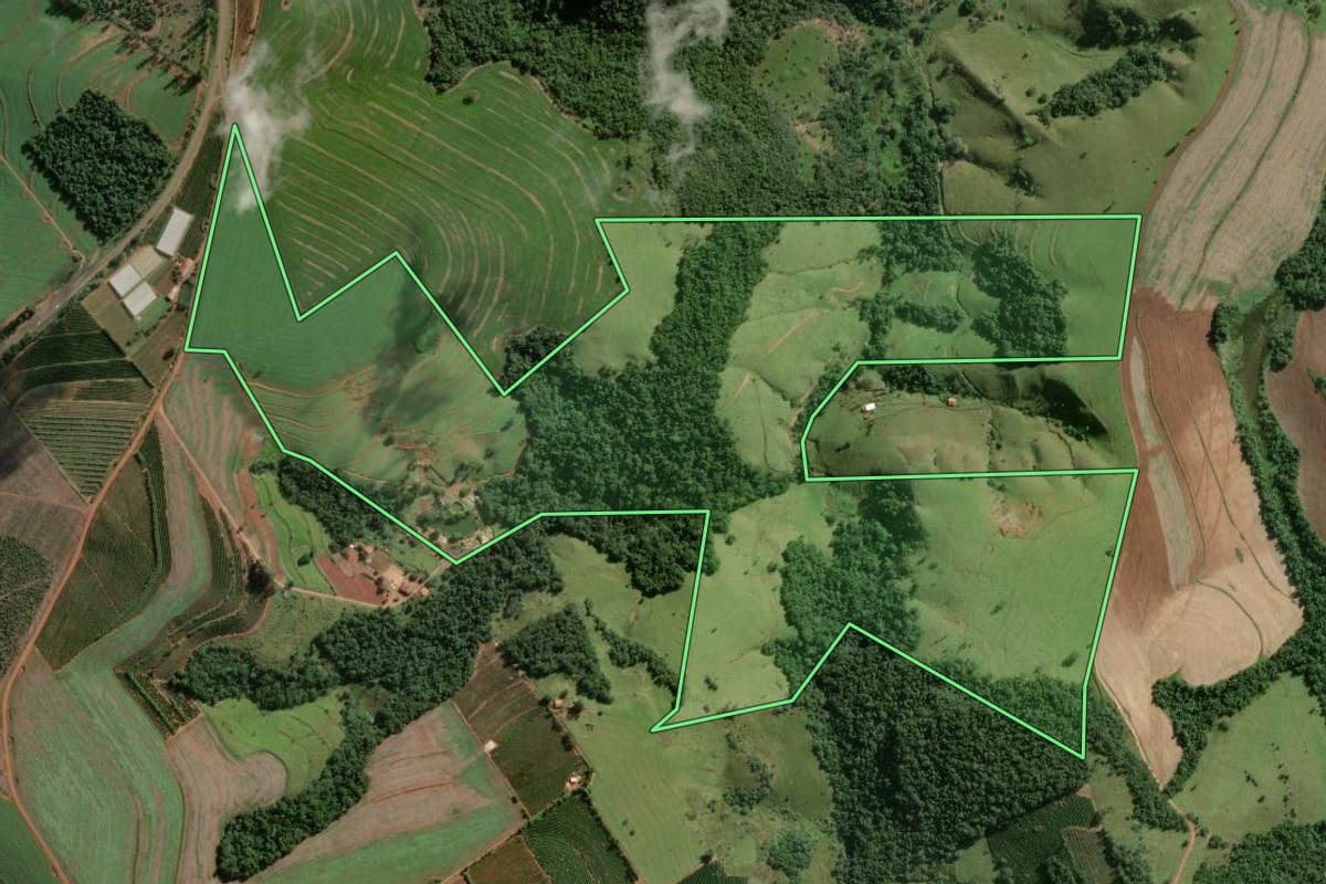 Imagem de satélite do imóvel rural em Sarutaiá (SP), com o contorno declarado no CAR desenhado por cima.