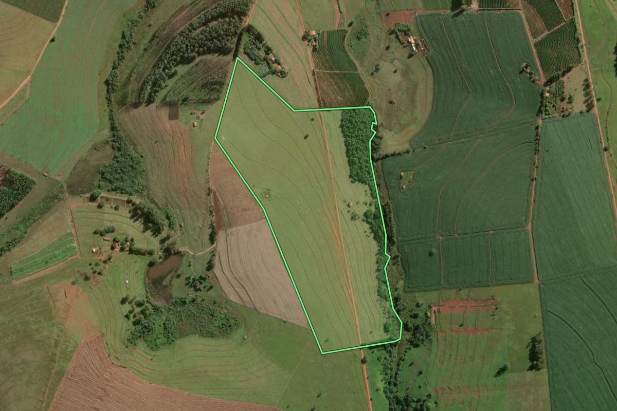 Imagem de satélite do imóvel rural em Sarutaiá (SP), com o contorno declarado no CAR desenhado por cima.