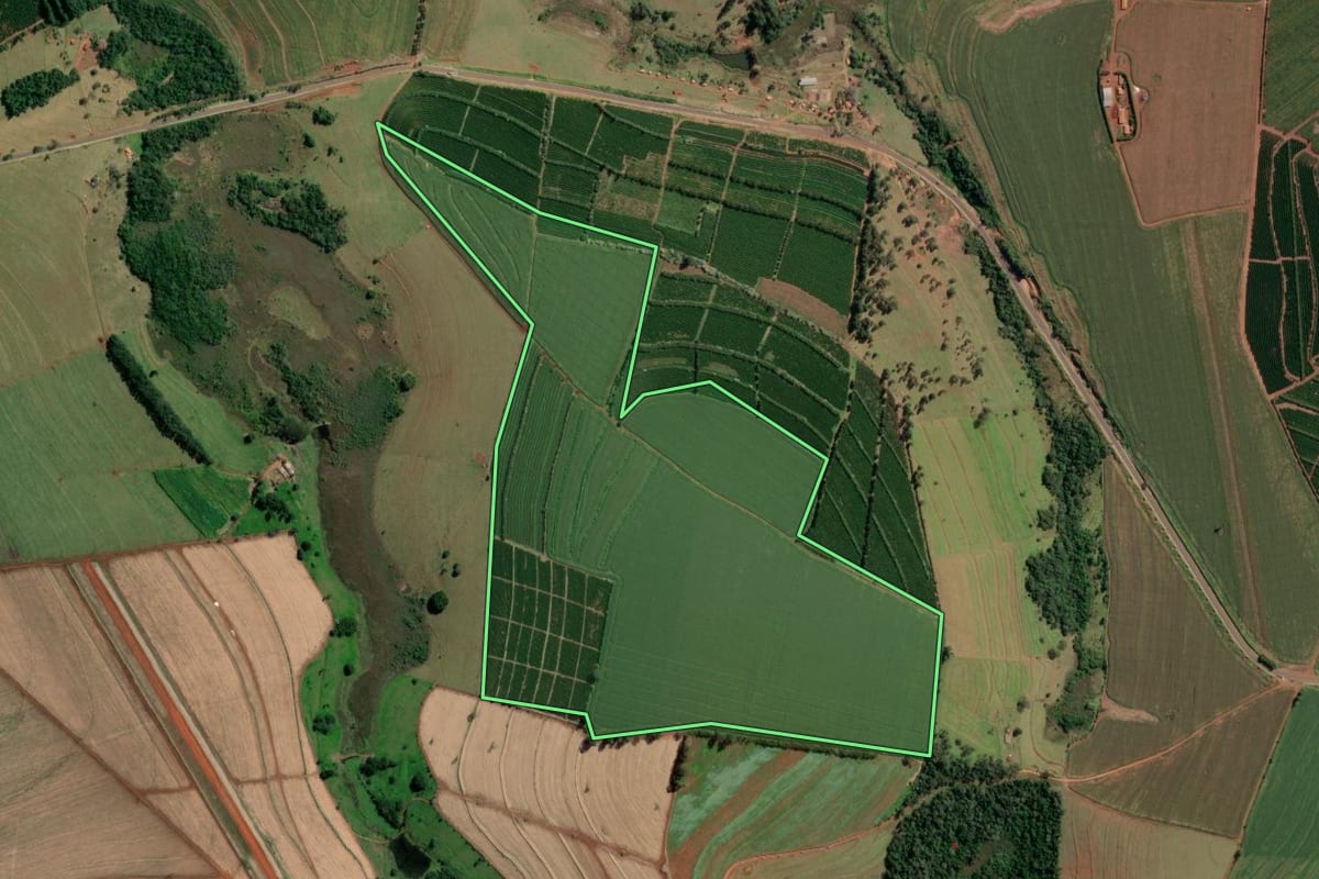 Imagem de satélite do imóvel rural em Sarutaiá (SP), com o contorno declarado no CAR desenhado por cima.