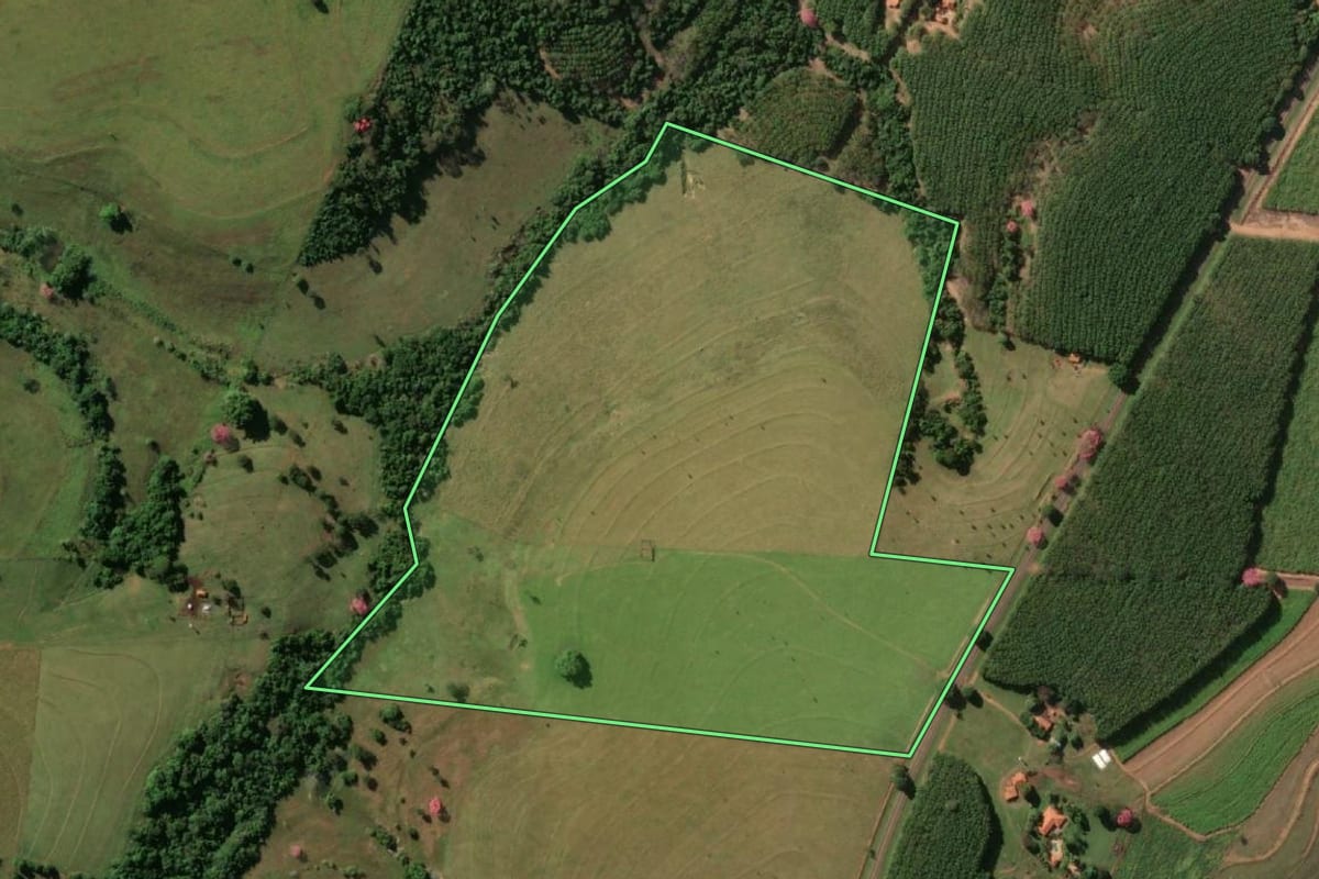 Imagem de satélite do imóvel rural em Sebastianópolis do Sul (SP), com o contorno declarado no CAR desenhado por cima.