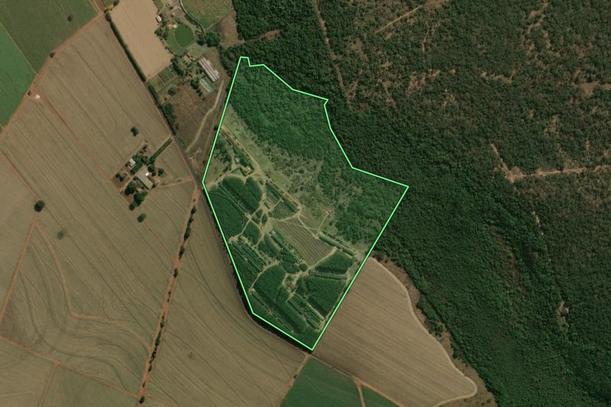 Imagem de satélite do imóvel rural em Serra Azul (SP), com o contorno declarado no CAR desenhado por cima.