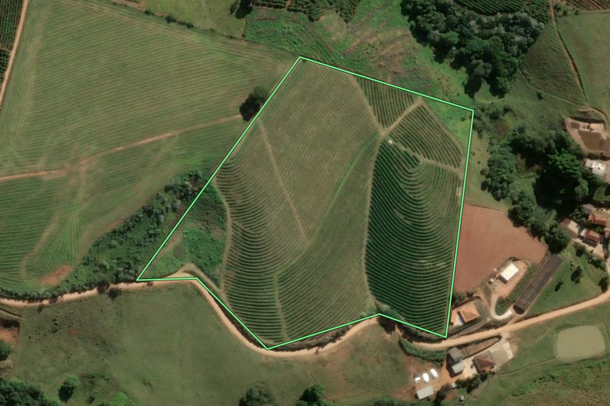 Imagem de satélite do imóvel rural em Serra Negra (SP), com o contorno declarado no CAR desenhado por cima.