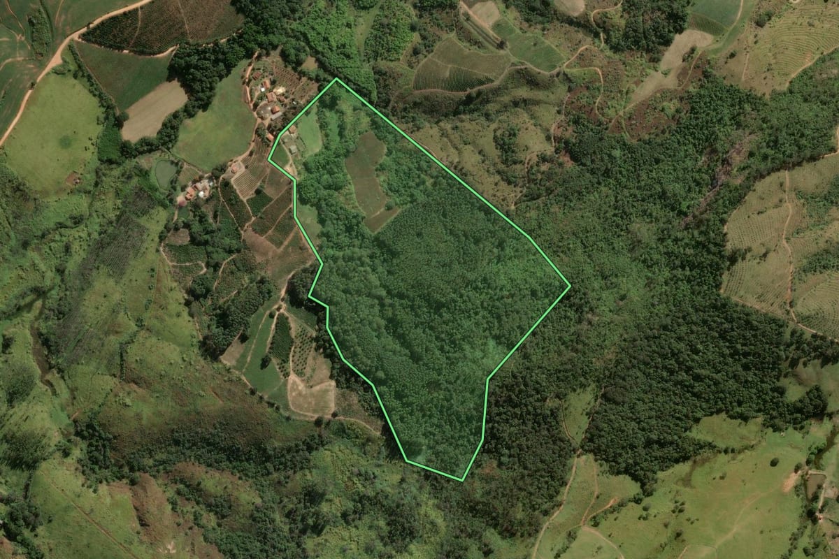Imagem de satélite do imóvel rural em Serra Negra (SP), com o contorno declarado no CAR desenhado por cima.