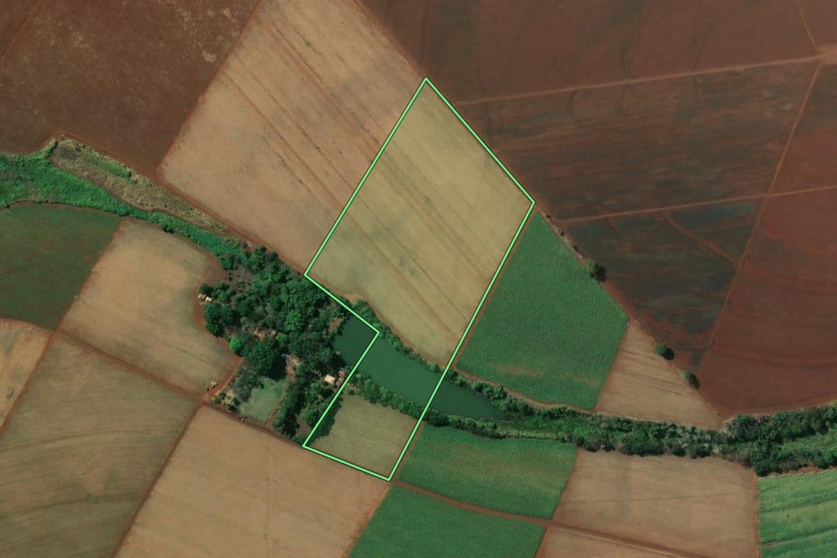 Imagem de satélite do imóvel rural em Sertãozinho (SP), com o contorno declarado no CAR desenhado por cima.