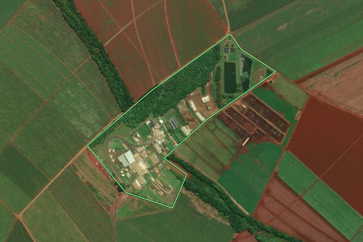 Imagem de satélite do imóvel rural em Sertãozinho (SP), com o contorno declarado no CAR desenhado por cima.