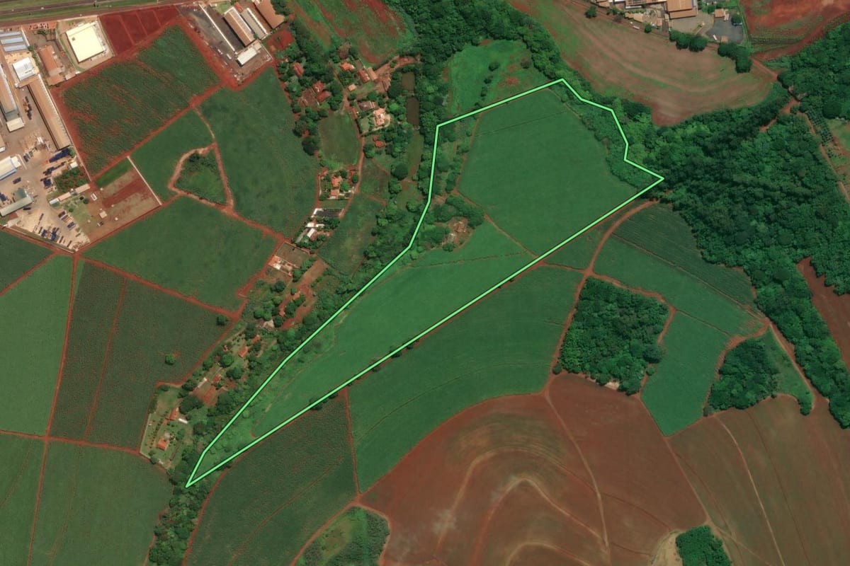 Imagem de satélite do imóvel rural em Sertãozinho (SP), com o contorno declarado no CAR desenhado por cima.