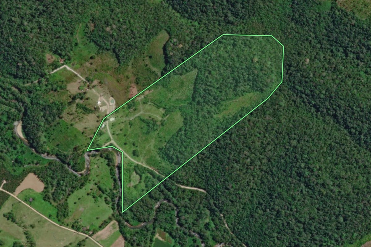 Imagem de satélite do imóvel rural em Sete Barras (SP), com o contorno declarado no CAR desenhado por cima.