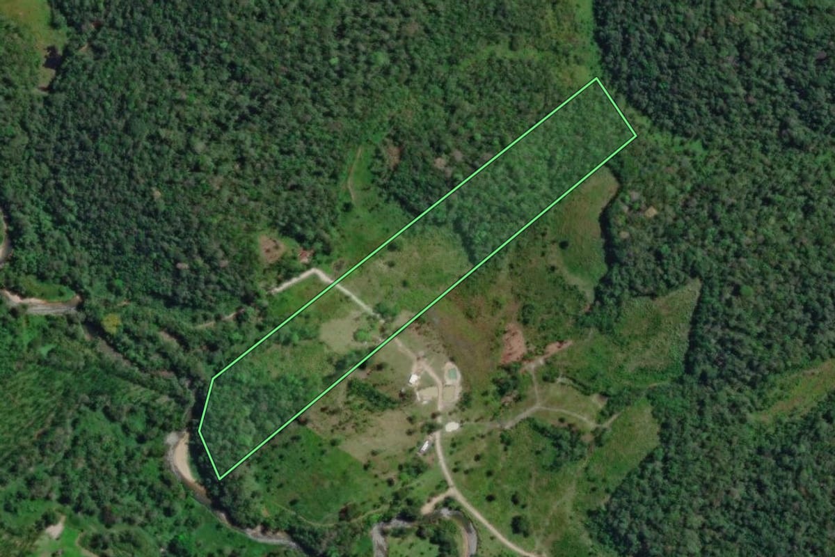 Imagem de satélite do imóvel rural em Sete Barras (SP), com o contorno declarado no CAR desenhado por cima.
