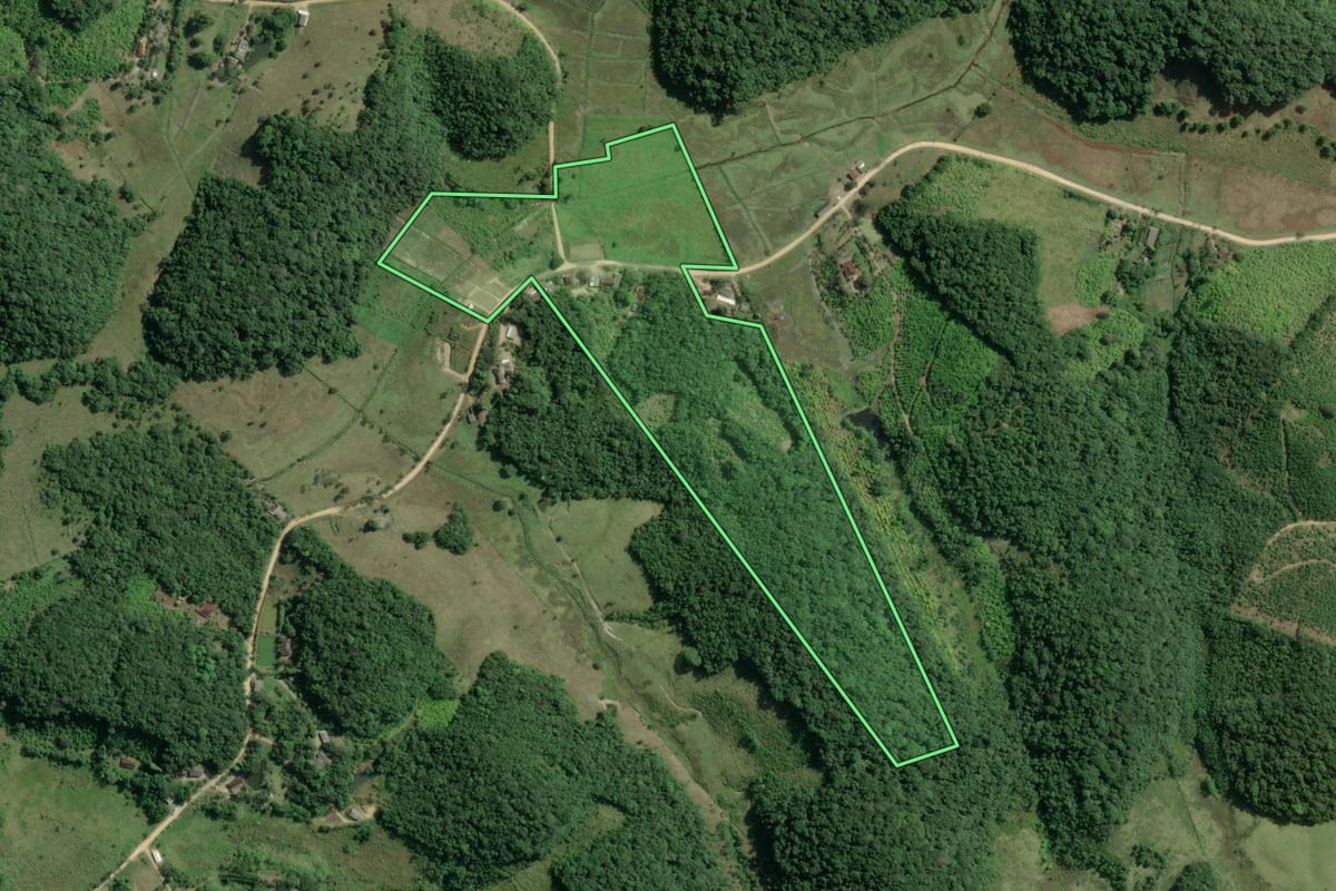 Imagem de satélite do imóvel rural em Sete Barras (SP), com o contorno declarado no CAR desenhado por cima.