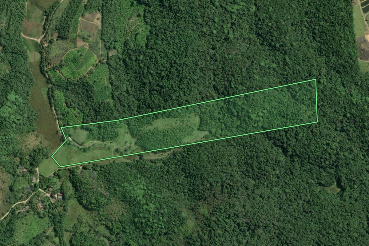 Imagem de satélite do imóvel rural em Sete Barras (SP), com o contorno declarado no CAR desenhado por cima.