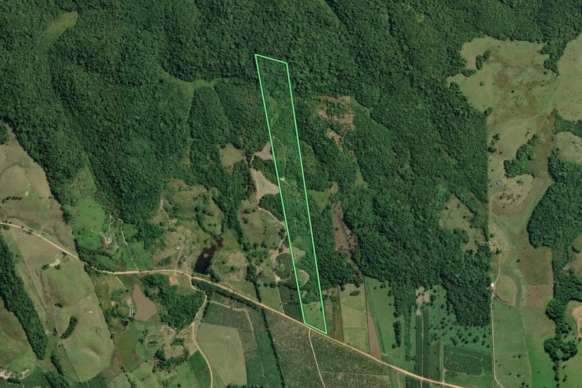 Imagem de satélite do imóvel rural em Sete Barras (SP), com o contorno declarado no CAR desenhado por cima.