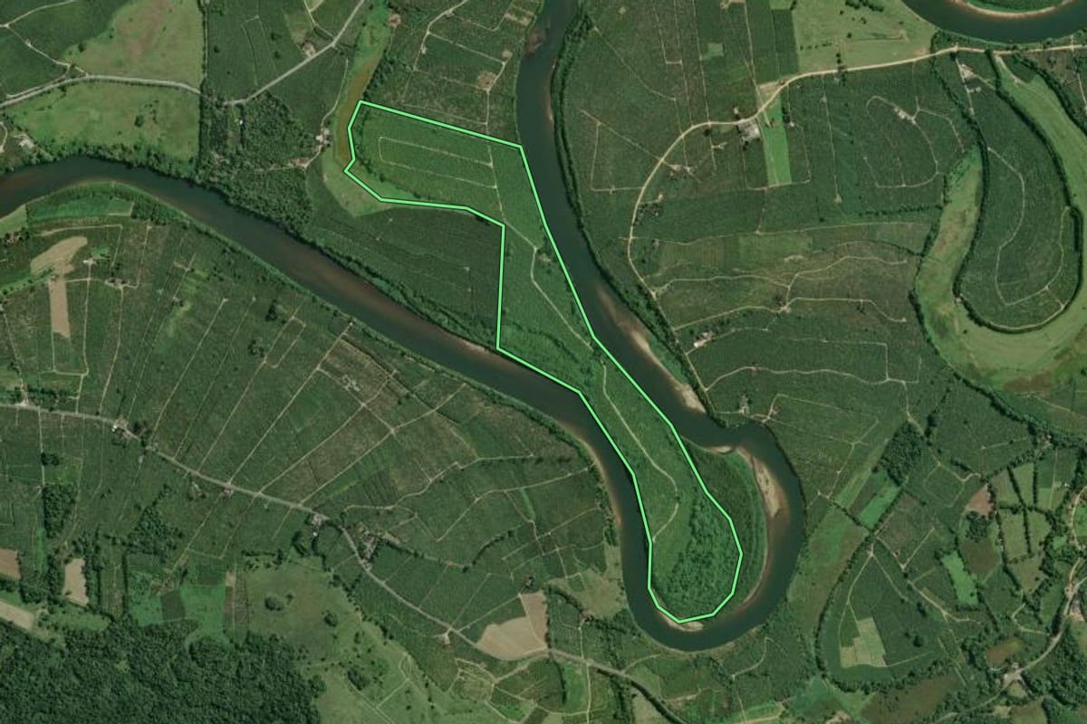 Imagem de satélite do imóvel rural em Sete Barras (SP), com o contorno declarado no CAR desenhado por cima.
