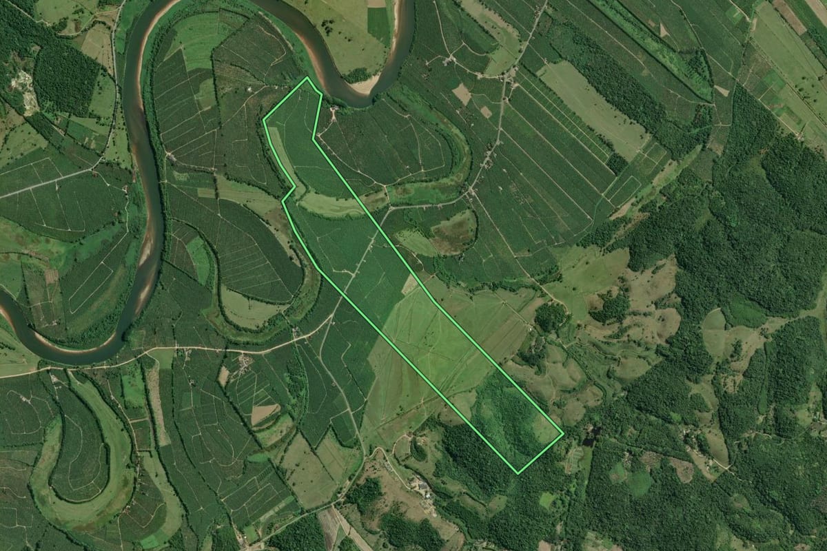 Imagem de satélite do imóvel rural em Sete Barras (SP), com o contorno declarado no CAR desenhado por cima.
