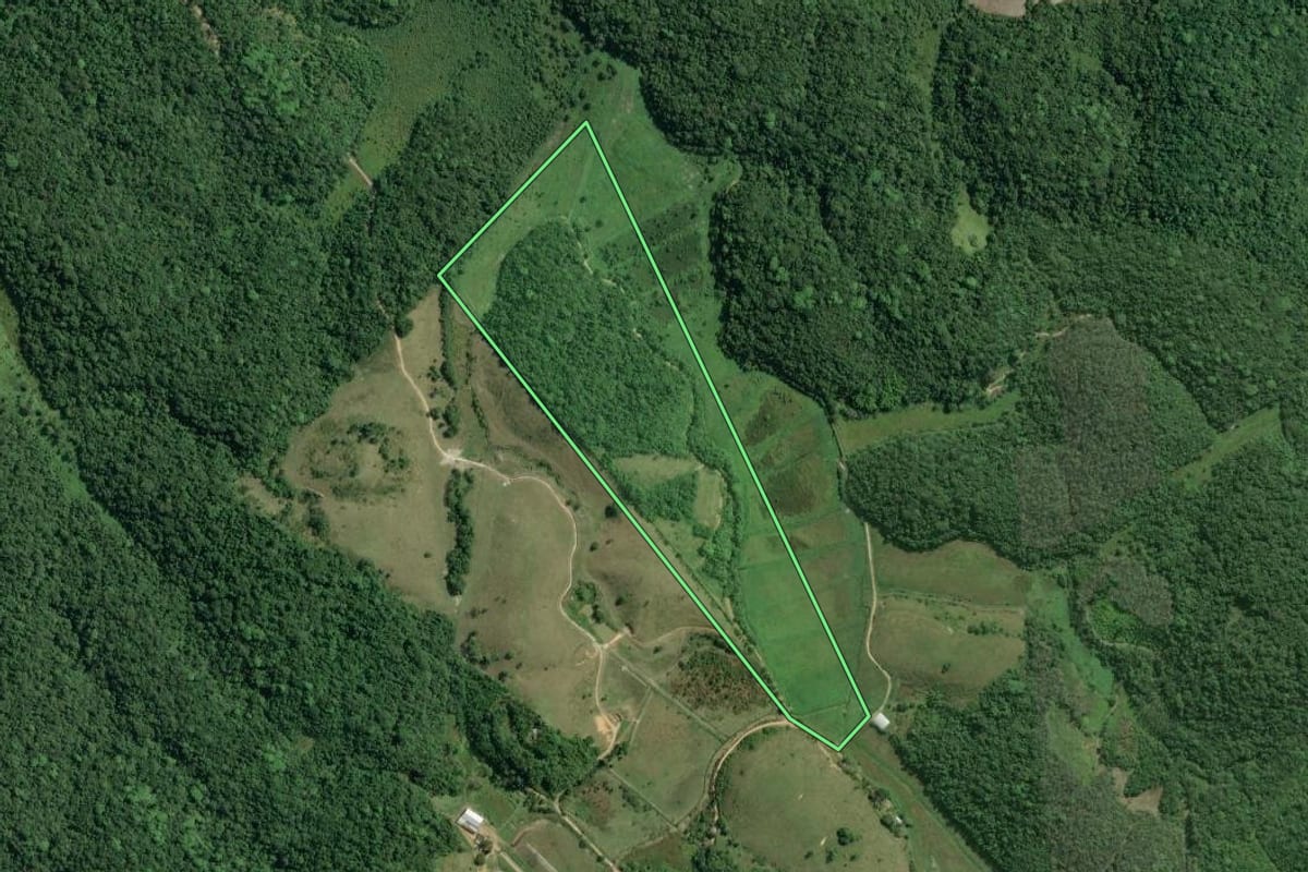 Imagem de satélite do imóvel rural em Sete Barras (SP), com o contorno declarado no CAR desenhado por cima.