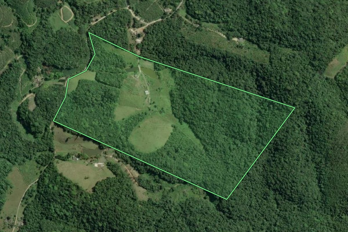 Imagem de satélite do imóvel rural em Sete Barras (SP), com o contorno declarado no CAR desenhado por cima.