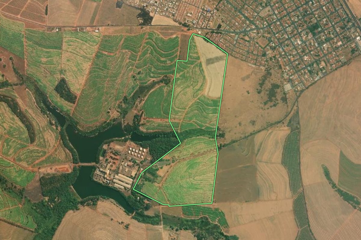 Imagem de satélite do imóvel rural em Severínia (SP), com o contorno declarado no CAR desenhado por cima.
