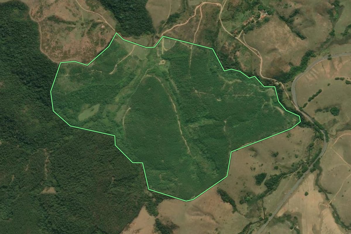 Imagem de satélite do imóvel rural em Silveiras (SP), com o contorno declarado no CAR desenhado por cima.