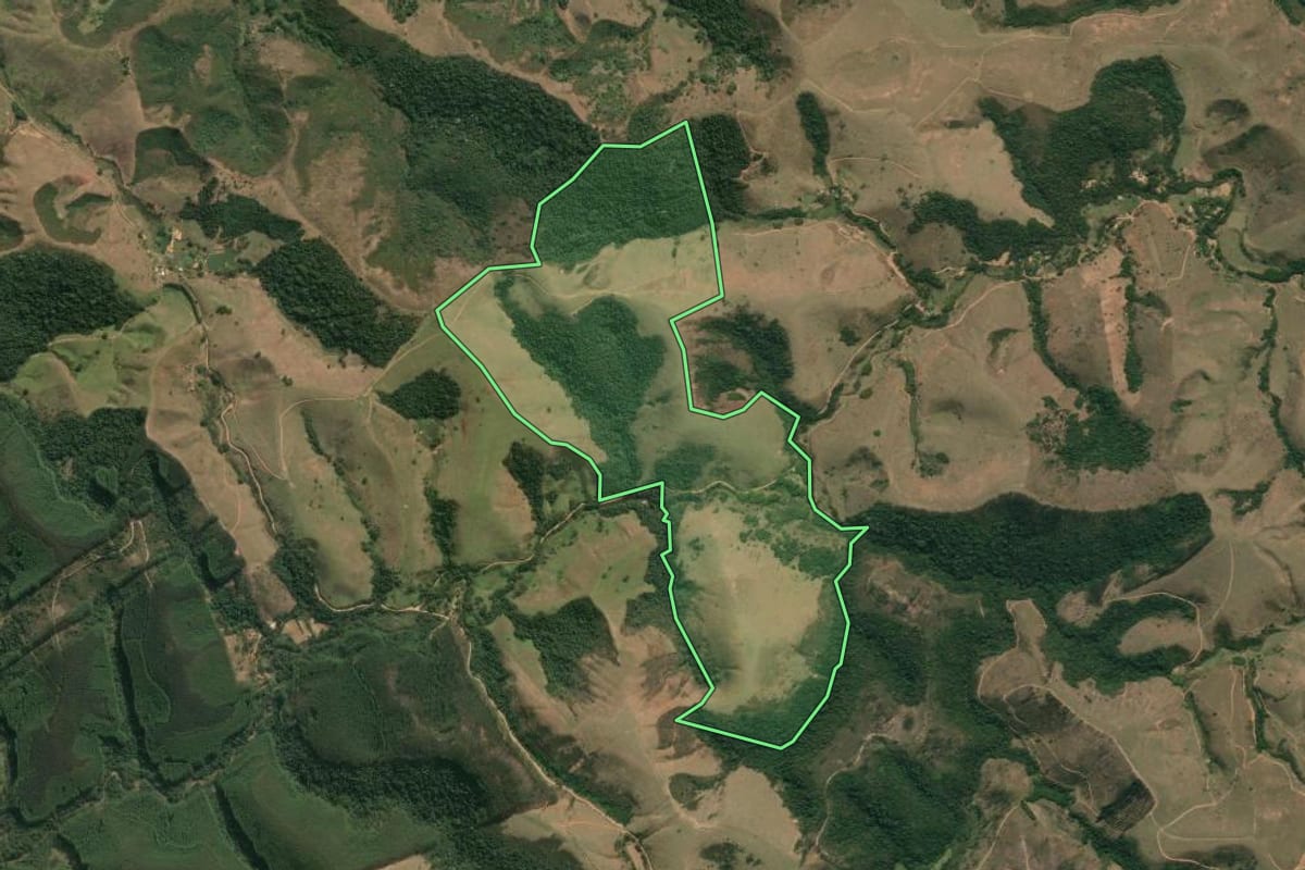 Imagem de satélite do imóvel rural em Silveiras (SP), com o contorno declarado no CAR desenhado por cima.