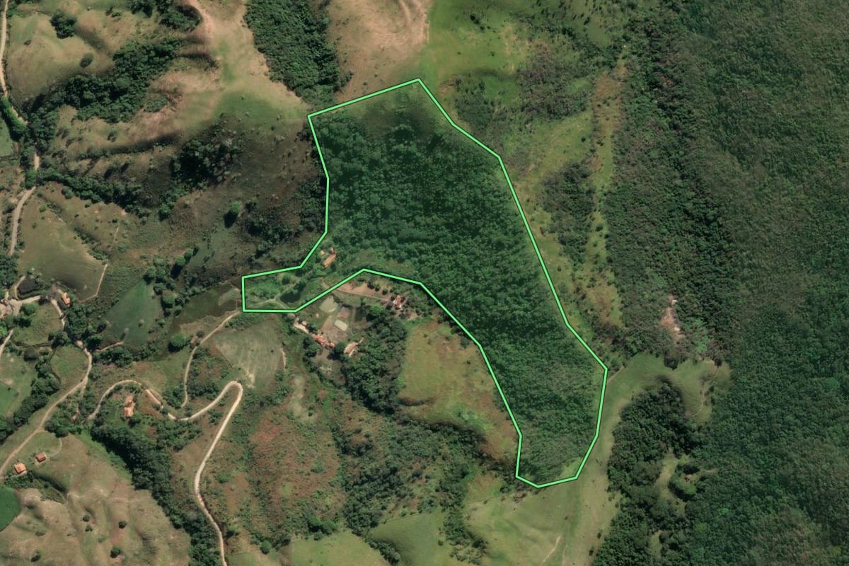 Imagem de satélite do imóvel rural em Silveiras (SP), com o contorno declarado no CAR desenhado por cima.