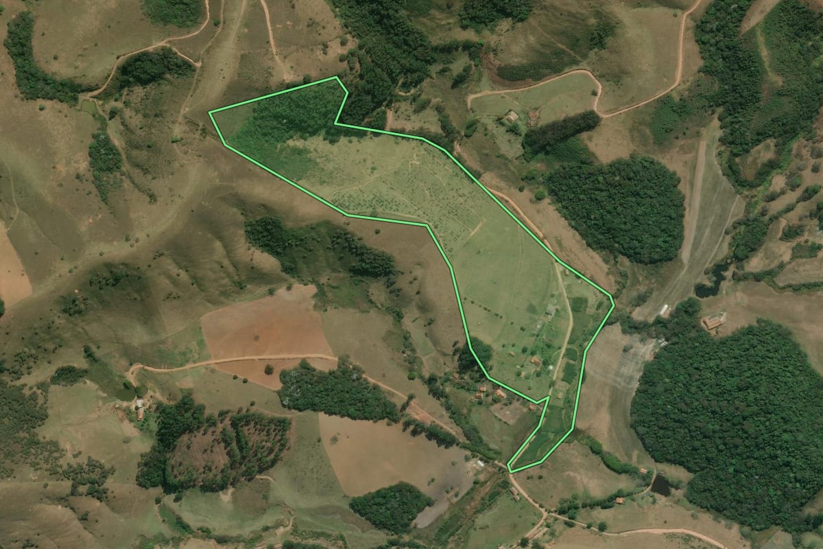 Imagem de satélite do imóvel rural em Silveiras (SP), com o contorno declarado no CAR desenhado por cima.