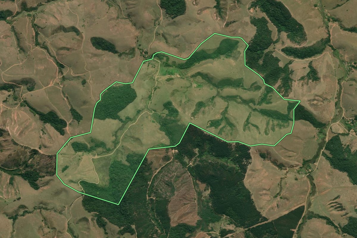 Imagem de satélite do imóvel rural em Silveiras (SP), com o contorno declarado no CAR desenhado por cima.
