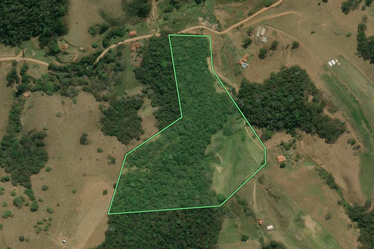 Imagem de satélite do imóvel rural em Silveiras (SP), com o contorno declarado no CAR desenhado por cima.