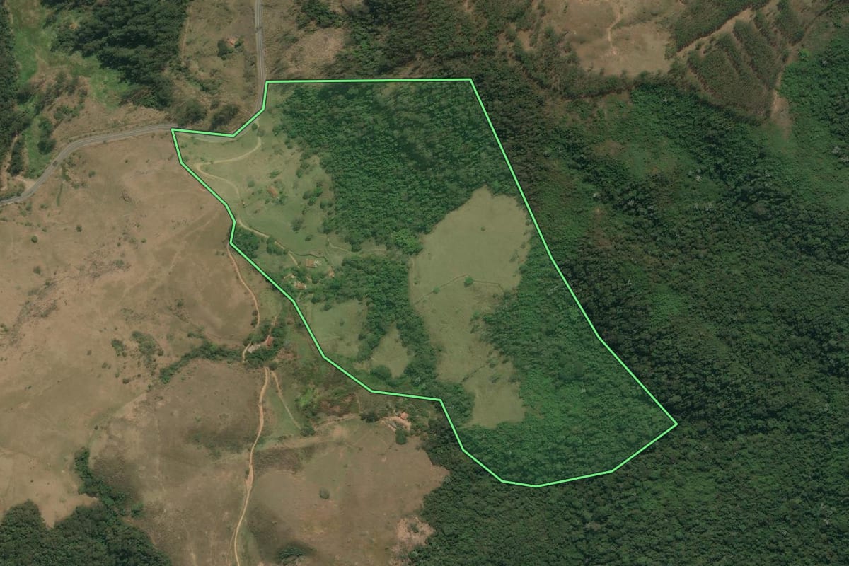 Imagem de satélite do imóvel rural em Silveiras (SP), com o contorno declarado no CAR desenhado por cima.