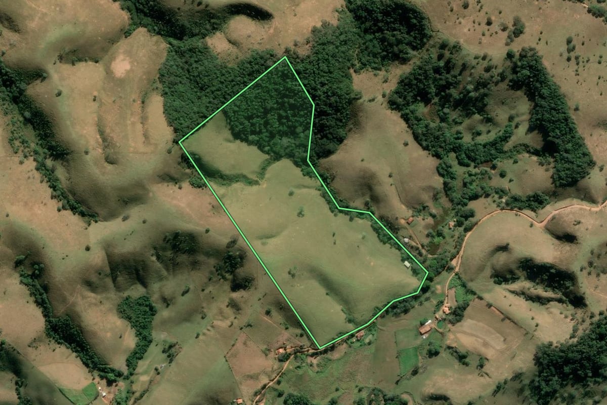 Imagem de satélite do imóvel rural em Silveiras (SP), com o contorno declarado no CAR desenhado por cima.