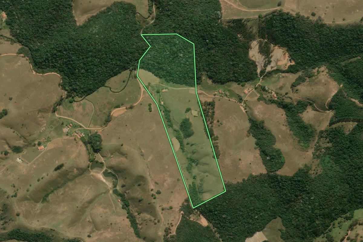 Imagem de satélite do imóvel rural em Silveiras (SP), com o contorno declarado no CAR desenhado por cima.