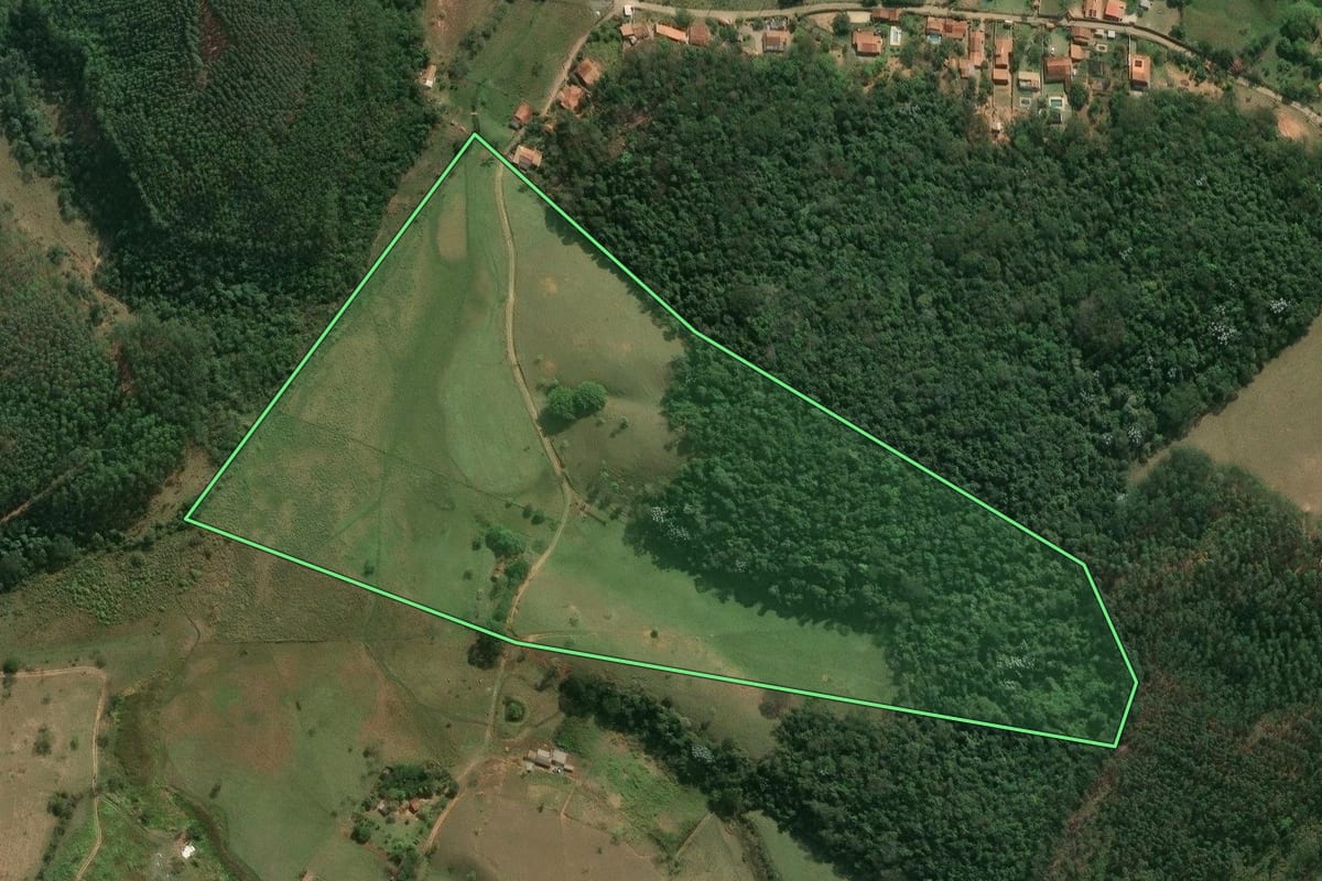 Imagem de satélite do imóvel rural em Silveiras (SP), com o contorno declarado no CAR desenhado por cima.