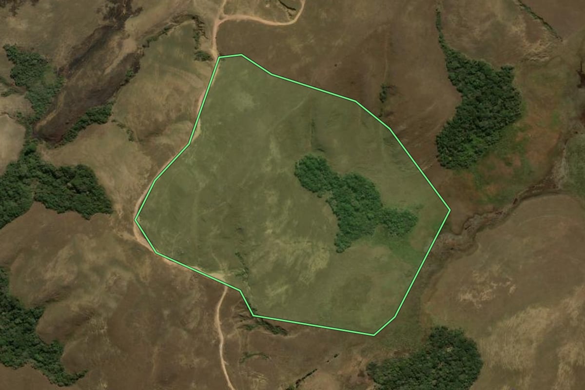 Imagem de satélite do imóvel rural em Silveiras (SP), com o contorno declarado no CAR desenhado por cima.