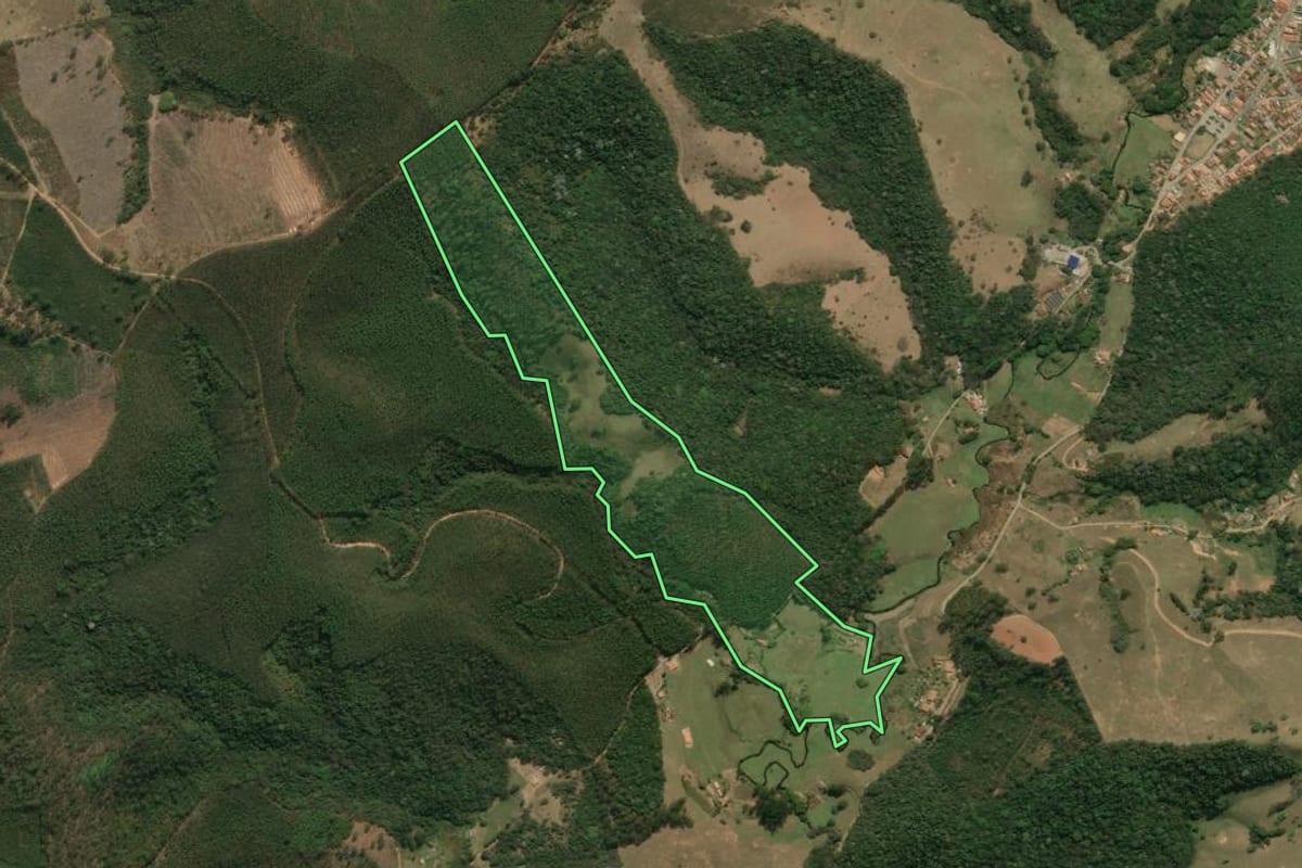 Imagem de satélite do imóvel rural em Silveiras (SP), com o contorno declarado no CAR desenhado por cima.