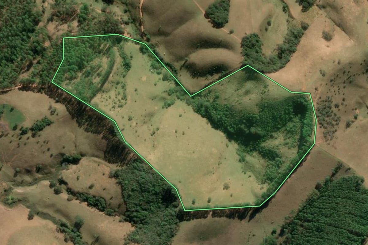 Imagem de satélite do imóvel rural em Silveiras (SP), com o contorno declarado no CAR desenhado por cima.