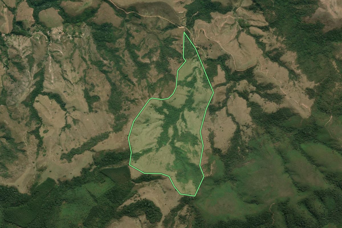 Imagem de satélite do imóvel rural em Silveiras (SP), com o contorno declarado no CAR desenhado por cima.