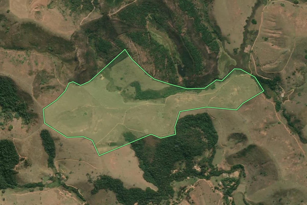Imagem de satélite do imóvel rural em Silveiras (SP), com o contorno declarado no CAR desenhado por cima.