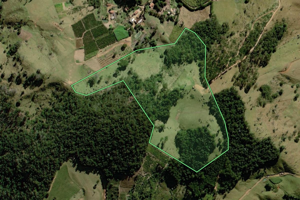 Imagem de satélite do imóvel rural em Socorro (SP), com o contorno declarado no CAR desenhado por cima.