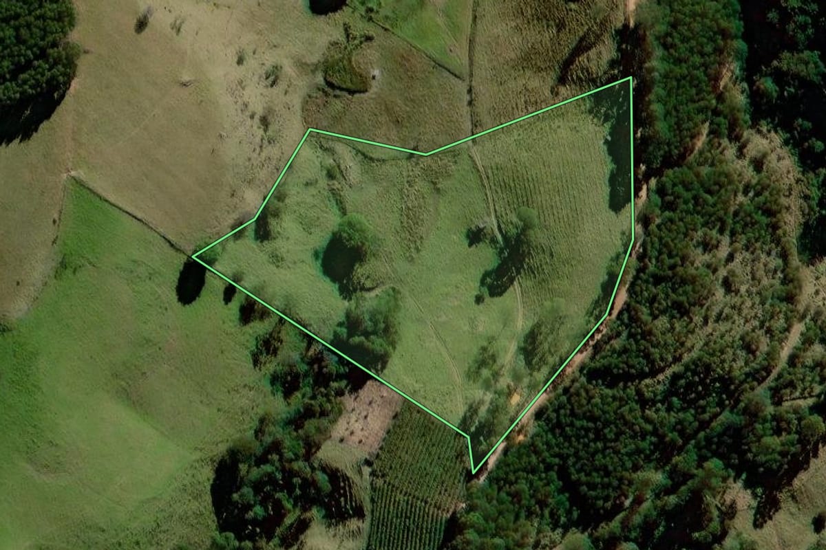 Imagem de satélite do imóvel rural em Socorro (SP), com o contorno declarado no CAR desenhado por cima.