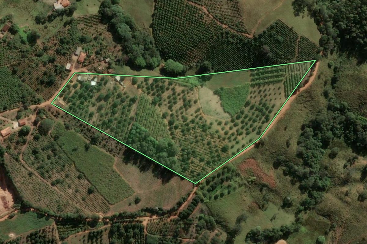 Imagem de satélite do imóvel rural em Socorro (SP), com o contorno declarado no CAR desenhado por cima.