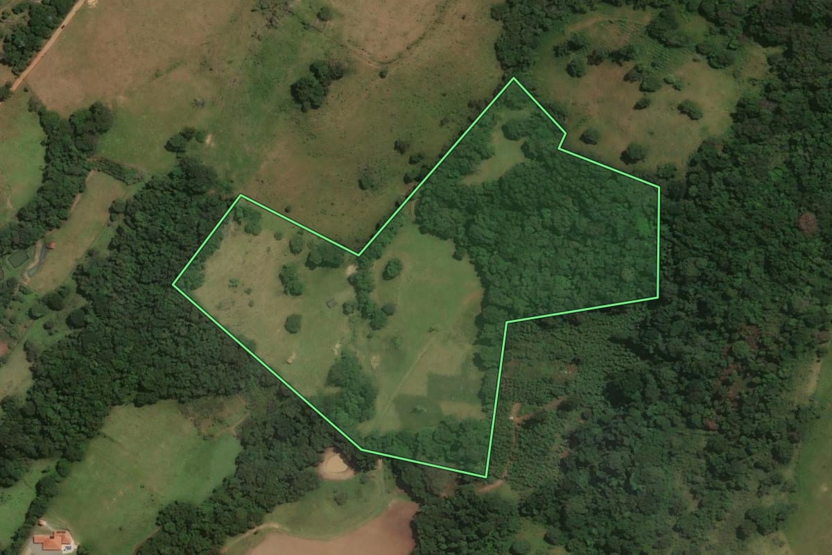 Imagem de satélite do imóvel rural em Socorro (SP), com o contorno declarado no CAR desenhado por cima.