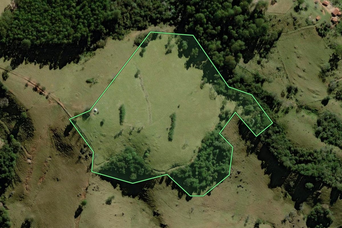Imagem de satélite do imóvel rural em Socorro (SP), com o contorno declarado no CAR desenhado por cima.