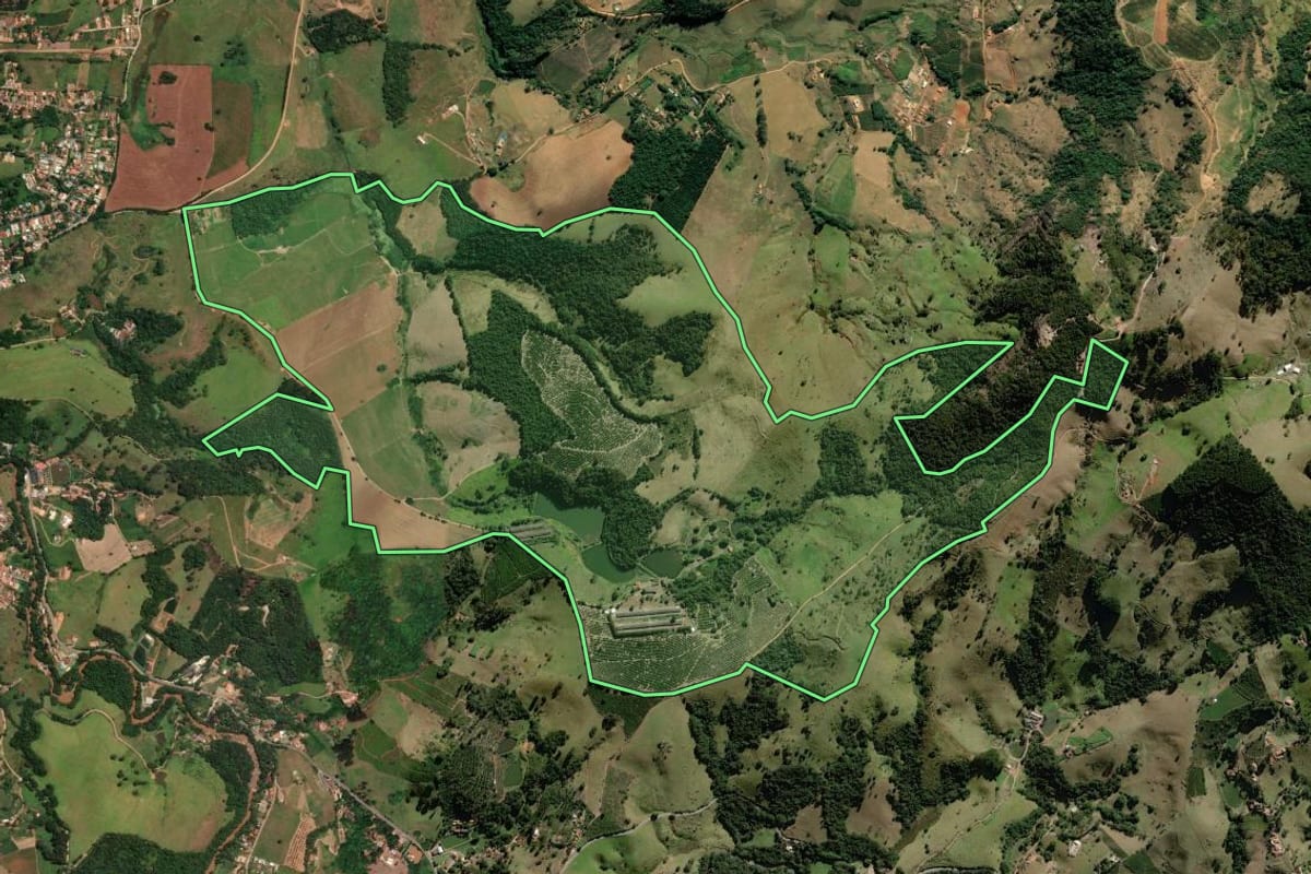 Imagem de satélite do imóvel rural em Socorro (SP), com o contorno declarado no CAR desenhado por cima.