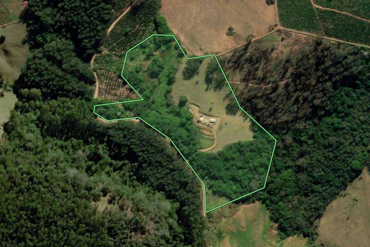 Imagem de satélite do imóvel rural em Socorro (SP), com o contorno declarado no CAR desenhado por cima.