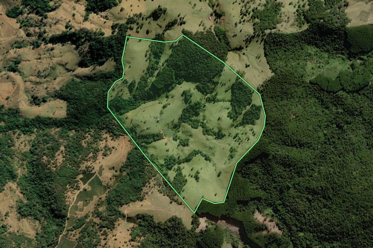 Imagem de satélite do imóvel rural em Socorro (SP), com o contorno declarado no CAR desenhado por cima.
