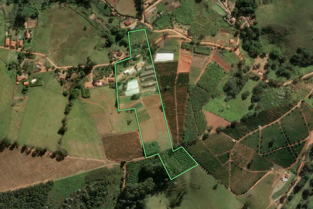 Imagem de satélite do imóvel rural em Socorro (SP), com o contorno declarado no CAR desenhado por cima.